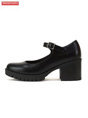 Mary Jane Round Toe Chunky Block Heel Lug Sole Pump with Adjustable Strap